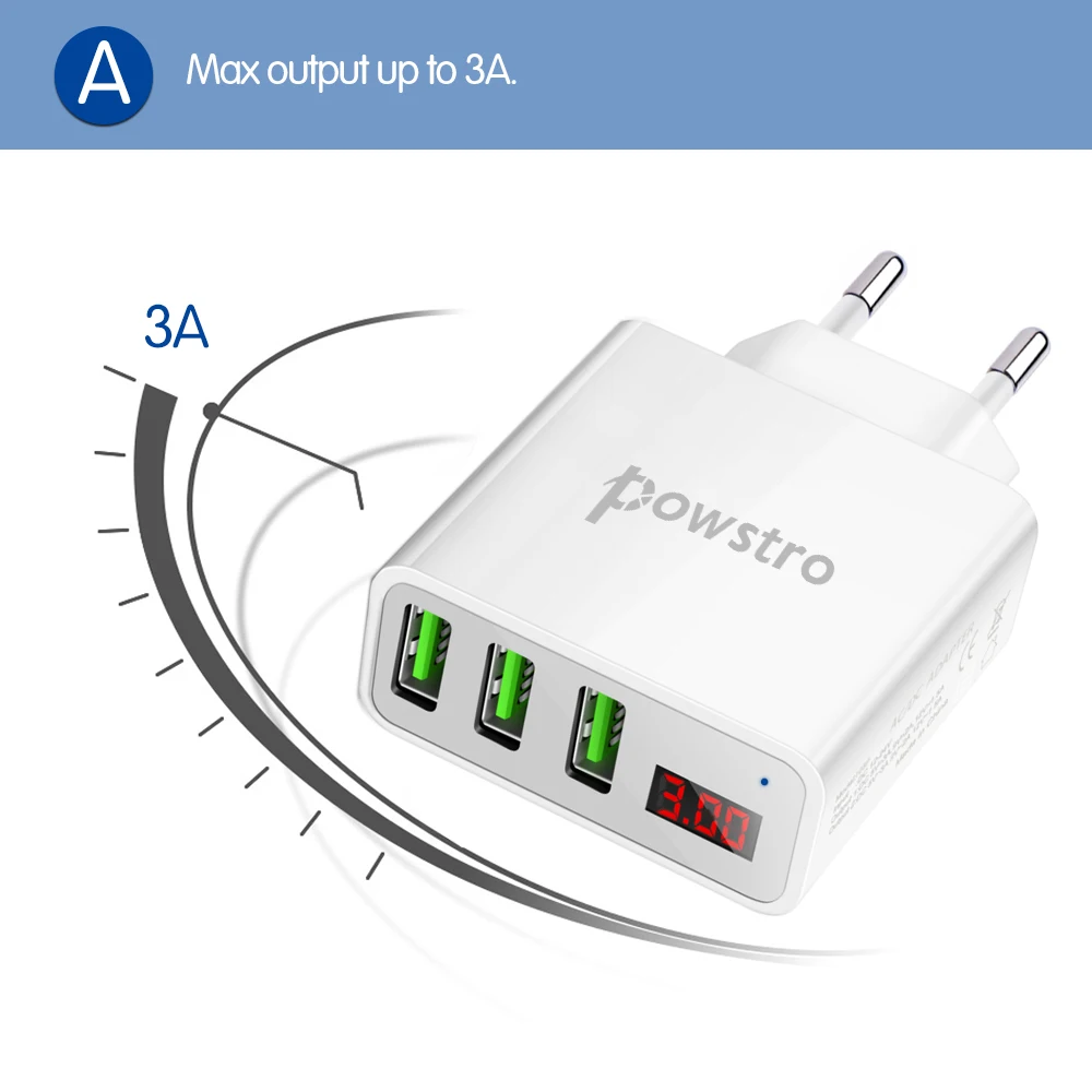 Powstro 5V 3A с 3 портами(стандарт путешествия Зарядное устройство EU Plug ЖК-дисплей интеллигентая(ый) цифровой Дисплей универсальный сетевой адаптер Напряжение тока для телефонов