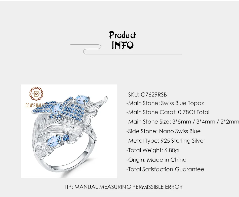 GEM'S BALLET 0.78Ct натуральный Швейцарский Голубой Топаз кольца ювелирные изделия 925 пробы серебро ручной работы Стрекоза лист кольцо для женщин Bijoux