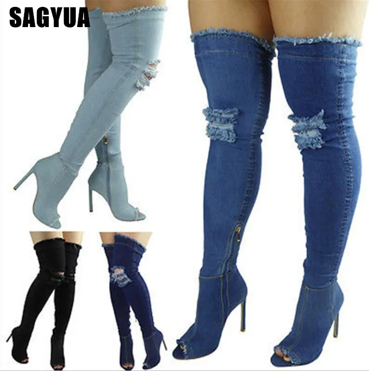 2019 длинная трубка на высоком каблуке с широко открытым носком Сапоги выше колена