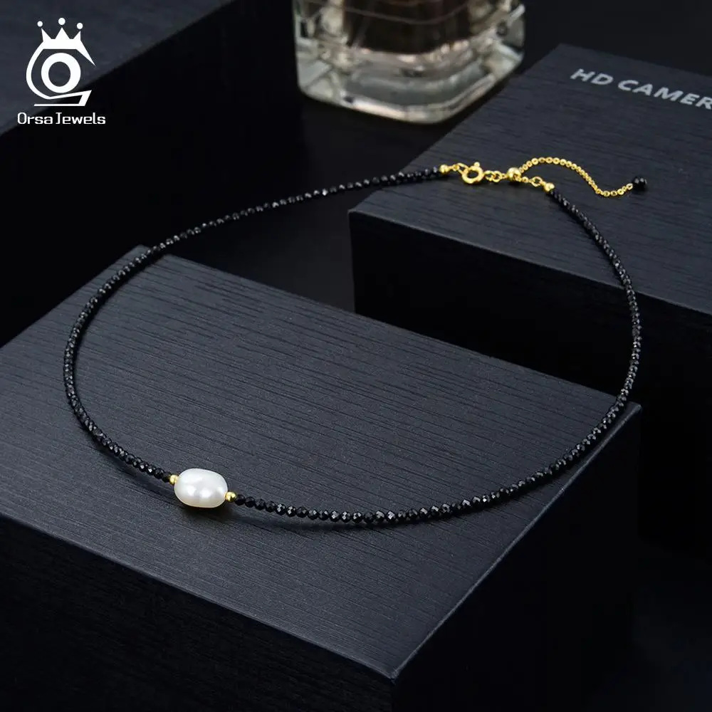 ORSA JEWELS Винтажное колье чокер из натурального камня Черный шпинель Пресноводный