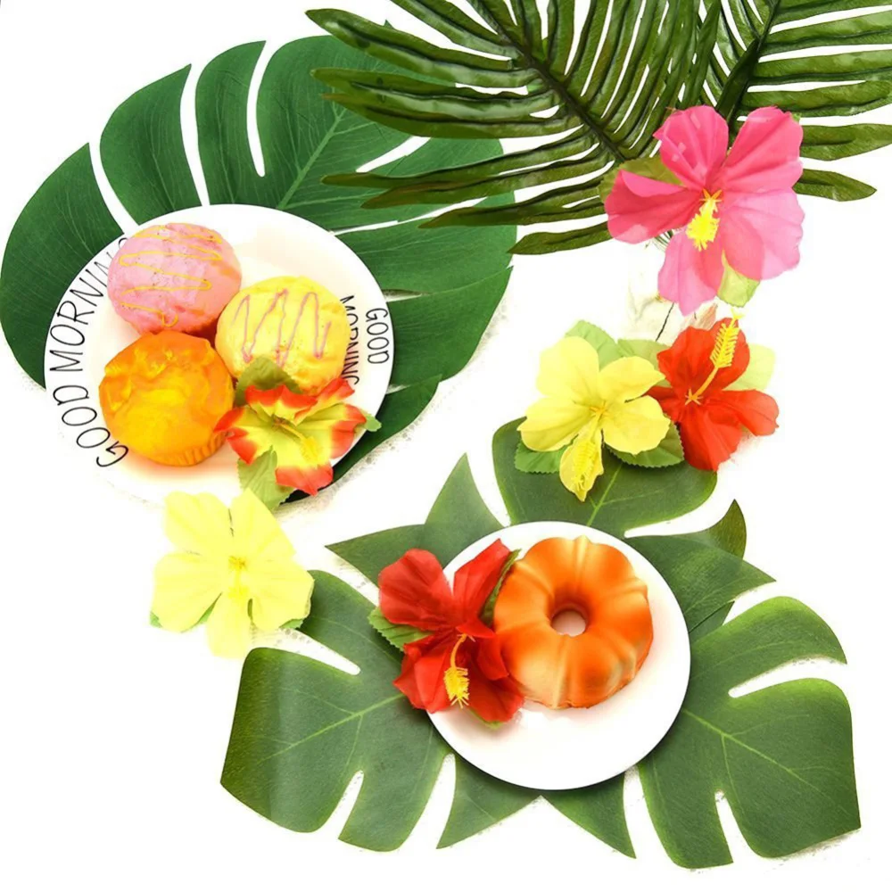 

Artificial Tropical Palm Leaves Jungle Party Decoration Set Palm Leaves Hibiscus Flowers Beach Party Decorations