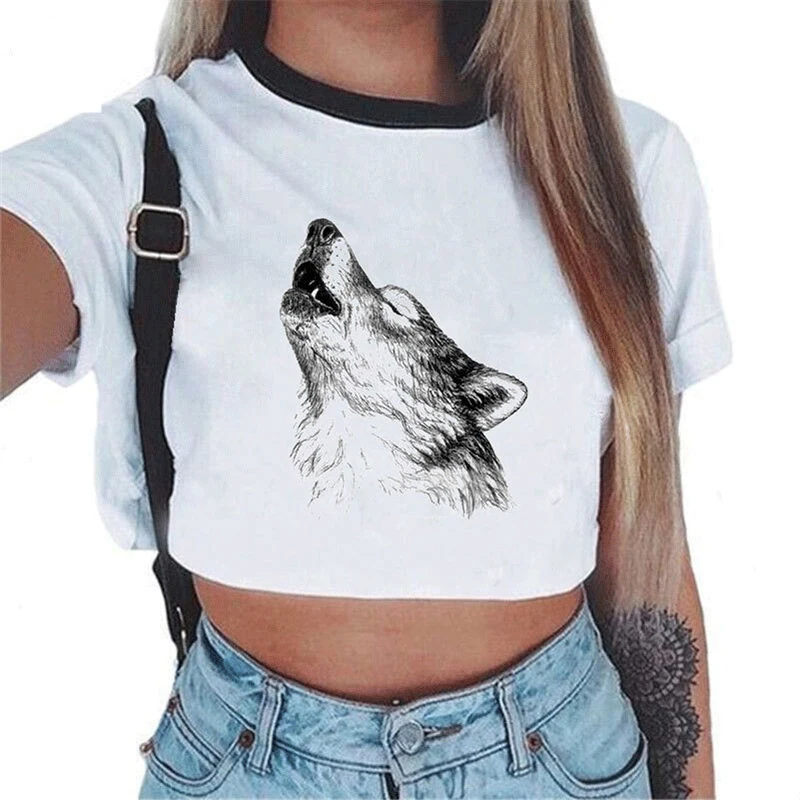 2018 New Hot Sale Woman Summer Fashion Wild Wolf Print Short Sleeve White T-shirt Europe And The United States Style Женская одежда