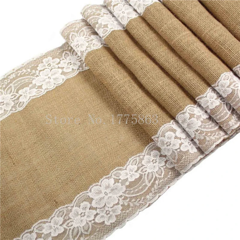 

5Pcs 30x275cm Rustic Burlap Lace Hessian Table Runner Natural Jute For Wedding Decoration 12x108" ( white ) AA7923