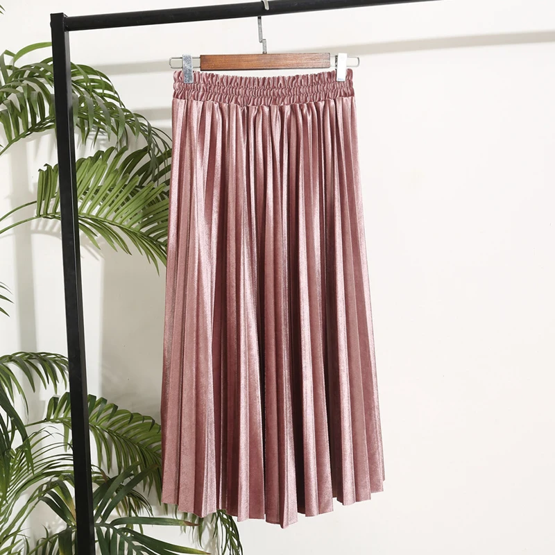 Lotus color PEONFLY Women's Skirt New Summer Long Skirt Fashion Color All-match Slim Pleated Skirt free shipping Pleated Skirt One Size - Цвет: Lotus color