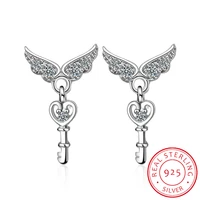925 sterling silver angel wings cz heart key stud earrings for women girls jewelry orecchini aros aretes oorbellen