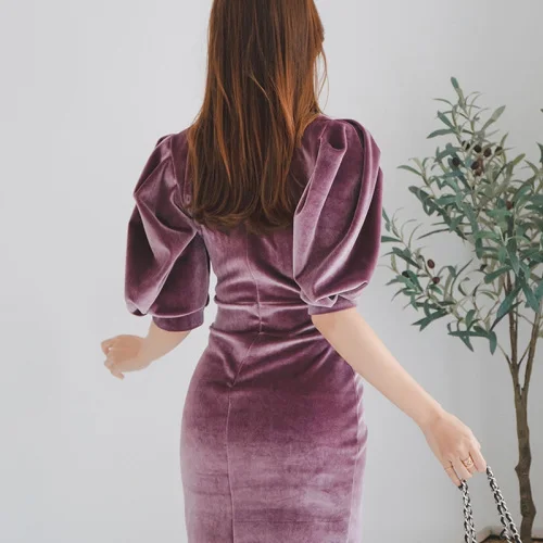 2022 New High Quality Fashion Korean Spring Midi Dress Women Office Bodycon Plus Size Velvet Vestidos Ladies Sexy Party | Женская одежда