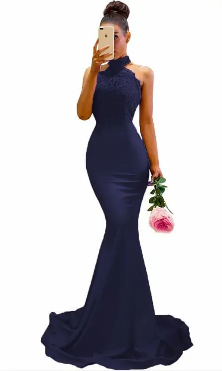 navy blue Сексуальные Платья для подружек невесты с аппликацией на шее, кружевное длинное вечернее платье для свадьбы на тонких бретелях, платье для выпускного вечера с открытой спиной - Цвет: navy blue