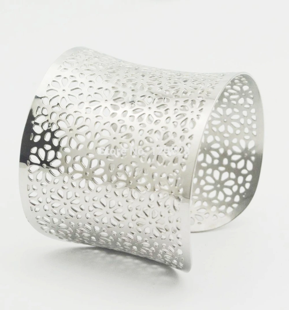 

2017 New Fashion Trendy stainless steel engraved flower wide cuff bangles bracelets for women free shipping high quality