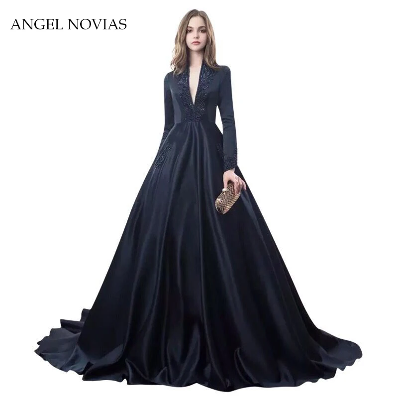 

Long Sleeves Arabic Dubai Navy Blue Ball Gown Evening Dresses 2020 Women Party Evening Gowns Robe De Soiree with Beadings