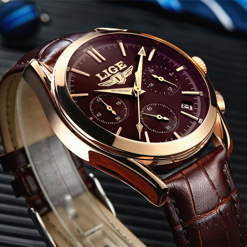 

2021 New Fashion Man Watches Top Luxury LIGE Brand Quartz Watch Leather Strap Waterproof Male Business Watches relogio masculino