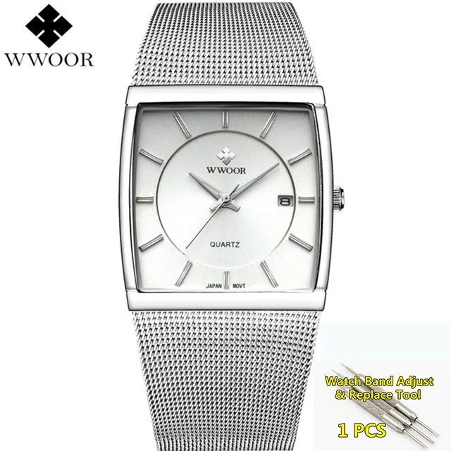 silver Мужские часы Топ люксовый бренд WWOOR водонепроницаемые Бизнес Кварцевые Квадратные золотые часы мужские модные наручные часы для мужчин - Цвет: silver