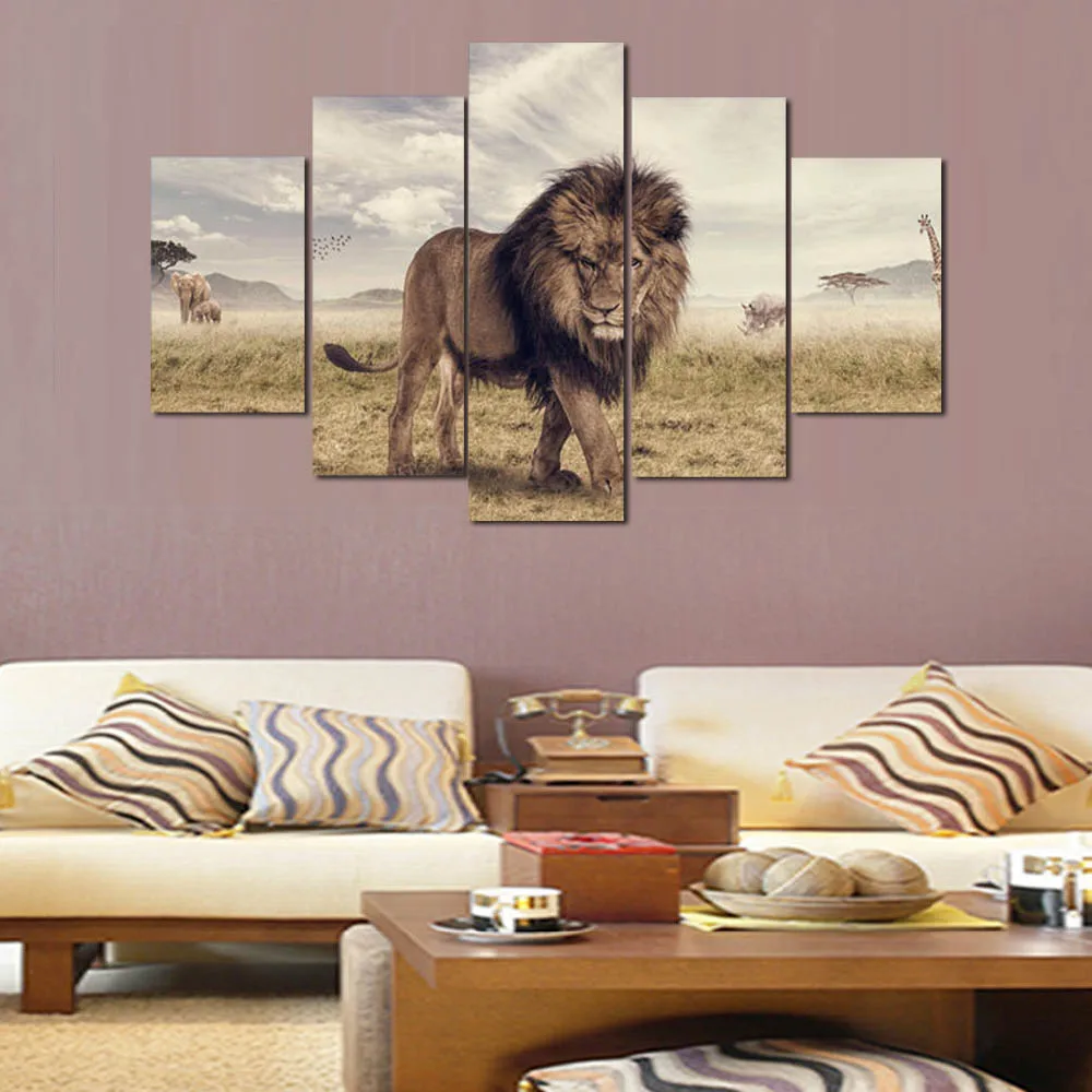 

Wall Art Printed Animals Lion Group Painting Room Decor Print Poster Picture Canvas Poster Unframed 5 Pieces