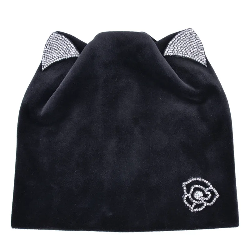 Flower Black Осень-зима Для женщин шапки бини шапки шапочка ручной работы женские теплого бархата Skullies, Кепки с мигающими Стразы ушами для девочек милые Touca - Цвет: Flower Black