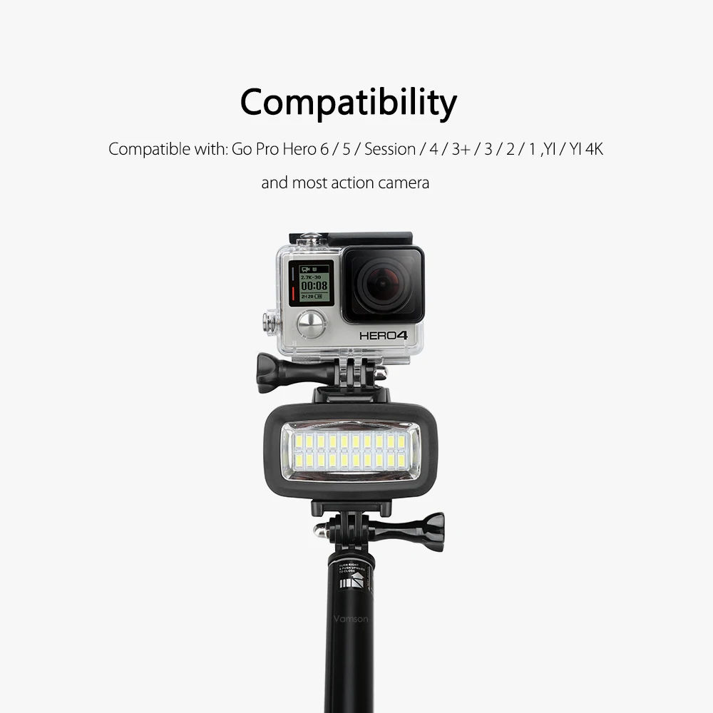 Vamson для Gopro Hero 6 5 4 3 подводный фонарик лампа Дайвинг Водонепроницаемый светодиодный фонарик крепление для SJCAM для Xiaomi YI VP702
