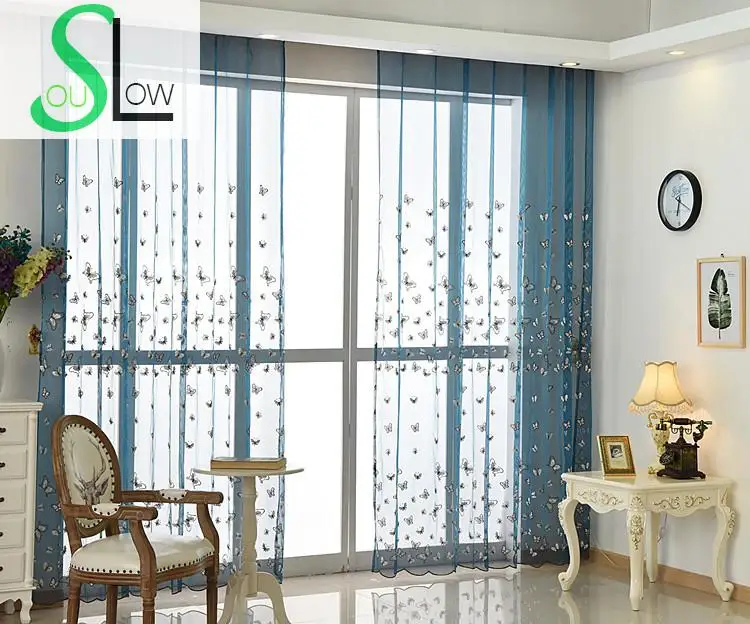 Пасторальные шторы с вышивкой Slow Soul Синие Бабочки занавески для спальни гостиной