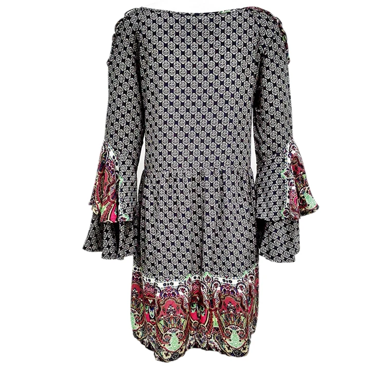 Двойной удачи с винтажным принтом Boho платье Женщины Flare рукавом свободные