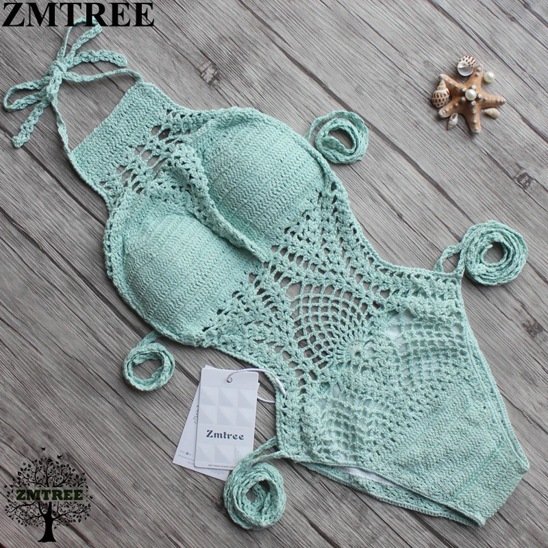 ZMTREE 2017 Новый купальник женские цельные комплекты сексуальный вязаный пляжный