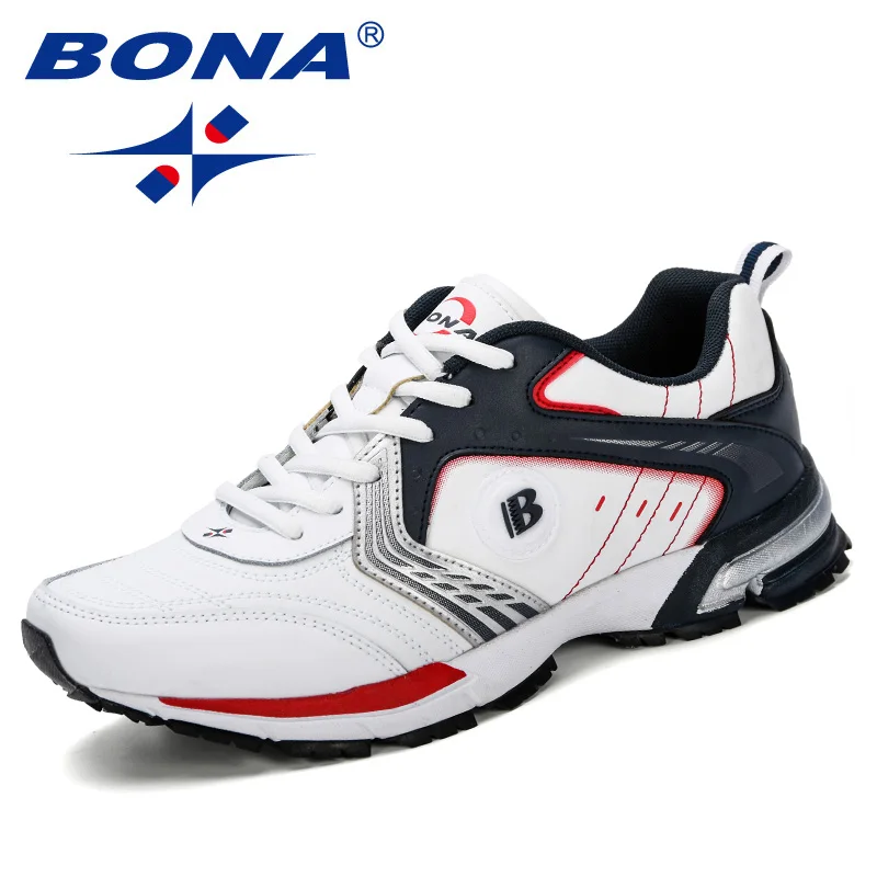 White deep blue red BONA кроссовки мужские модные уличные легкие дышащие кроссовки мужские на шнуровке Спортивные прогулочные беговые кроссовки мужские удобные - Цвет: White deep blue red