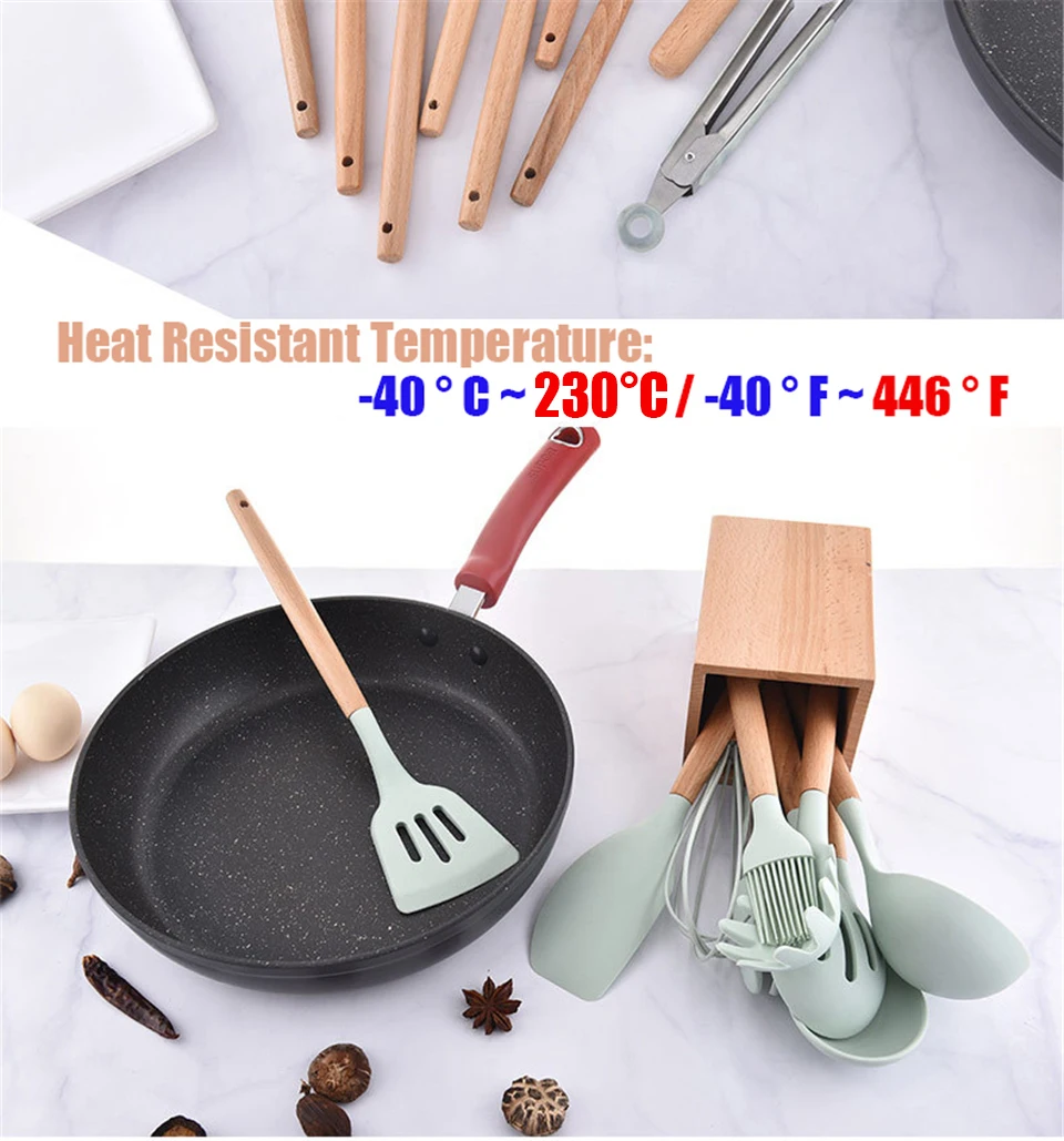 Silicone Non-stick Cooking Tools Kitchen Utensil Kitchenware With Natural Wooden Handle Nonstick Cookware Accessories Supplies