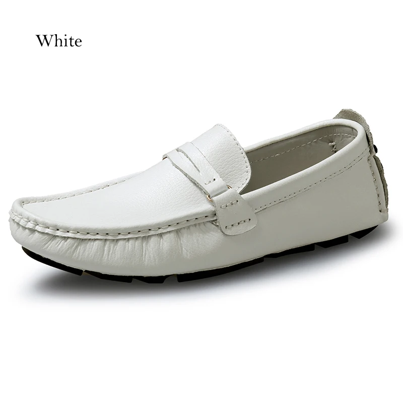White ALCUBIEREE Fashion Mens Flats Penny Loafers Spilt Leather Driving Shoes Male Boat Shoes Smooth Solid Moccasins Big Size Shoes 48 - Color: White