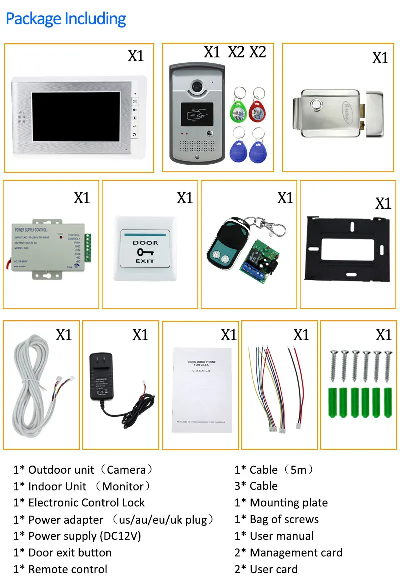 7 ''проводной цветной видео домофон дверной звонок комплект с RFID Доступа ИК камера+ Электрический замок+ дверной переключатель+ пульт+ Мощность