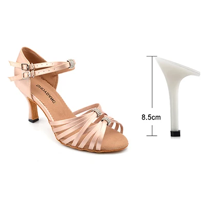 Apricot 8.5cm SHOYDANC Для женщин танцевальные туфли кожи Цвет/черный Женские атласные Туфли для латинских танцев горный хрусталь пряжка украшение Обувь для танцев - Цвет: Apricot 8.5cm