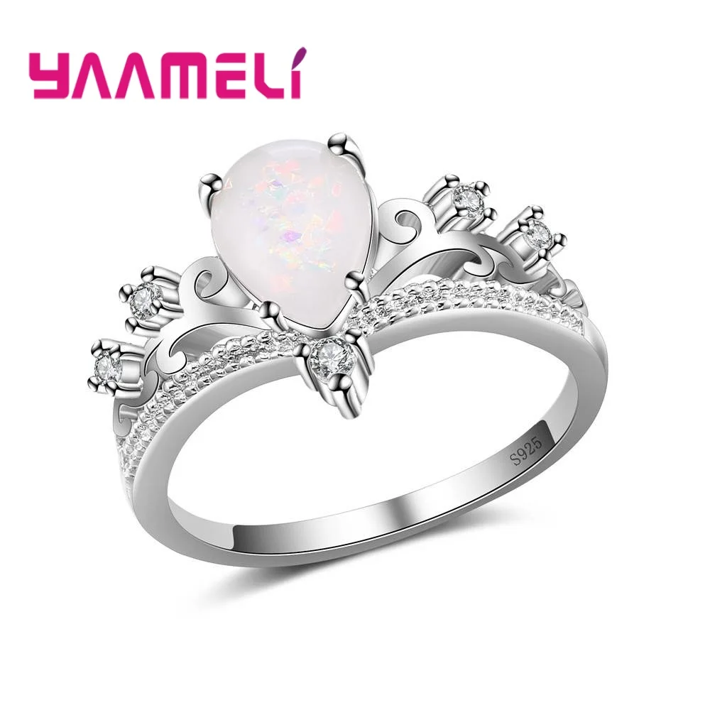 Elegant Noble Princess Women Finger Rings Crown Design Water Drop Shape Opal 925 Sterling Silver Cubic Zirconia Jewelry | Украшения и