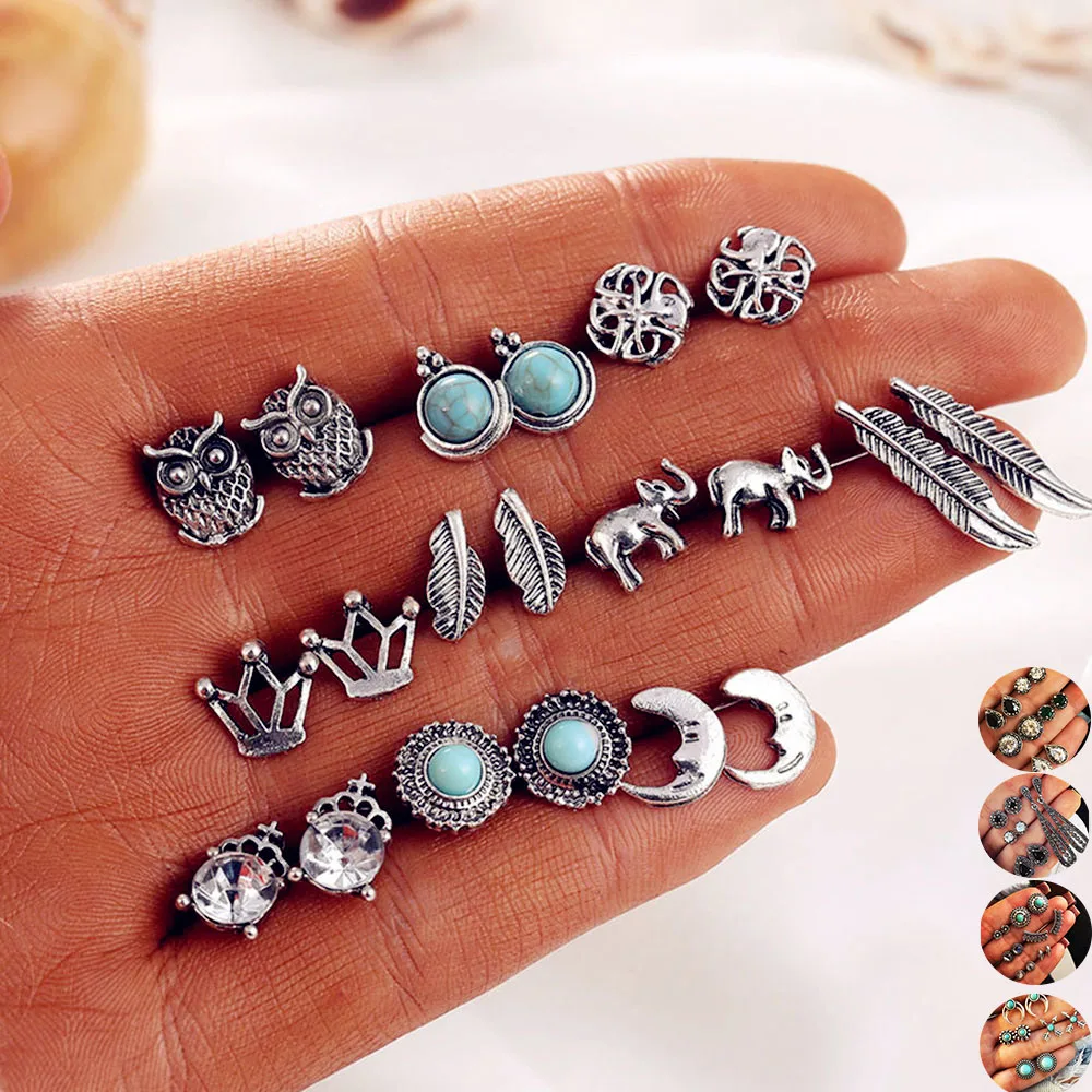 

Bohemian jewelry earrings European and American style crown inlaid crystal elephant leaves owl 10 pairs of set earrings