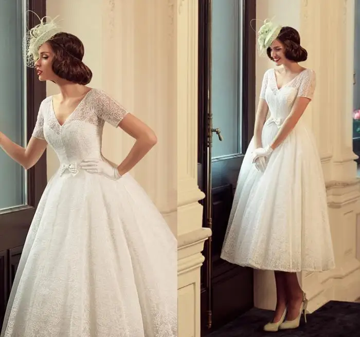 Полные кружевные винтажные Свадебные платья с коротким рукавом и бантом Vestidos de Novia tea length A Line романтическое свадебное платье