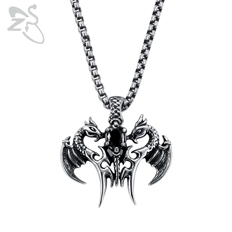 

ZS Black Cubic Zirconia Pave Dragon Pendant Necklace Punk Style 316L Stainless Steel Necklaces for Men Rock Roll Jewelry 2019