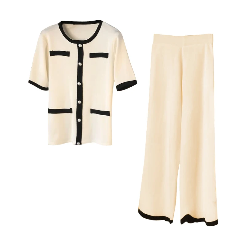 

ALPHALMODA Round-neck Short-sleeved Knitting Outfit + Wide-leg Pants Two-piece Suit Women Summer Fashion Knitting Trousers Sets