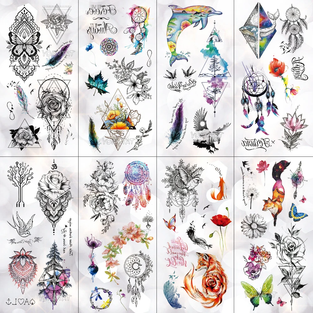

Dream Catcher Rose Dolphin Fox Waterproof Temporary Tattoo Sticker Line Flower Flash Tattoos Body Art Fake Arm tatoo Women
