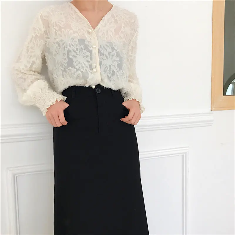 

Hzirip Summer New Thin Fresh Sweet Women Lace Blouses Fashion Loose Floral Casual Sweet Long-Sleeved All-Match Cardigans Shirt
