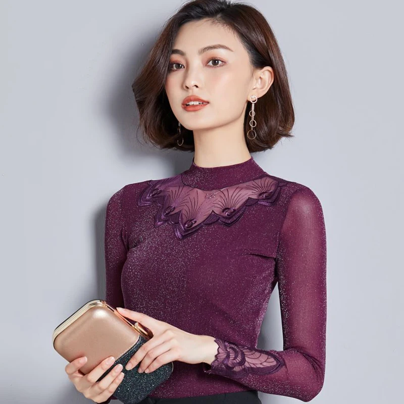 

Large Size Women T Shirt 2019 New Spring Lace Turtleneck T-shirt Mesh Slim Long-Sleeve T-shirt Casual Female Top Lady Bottoming