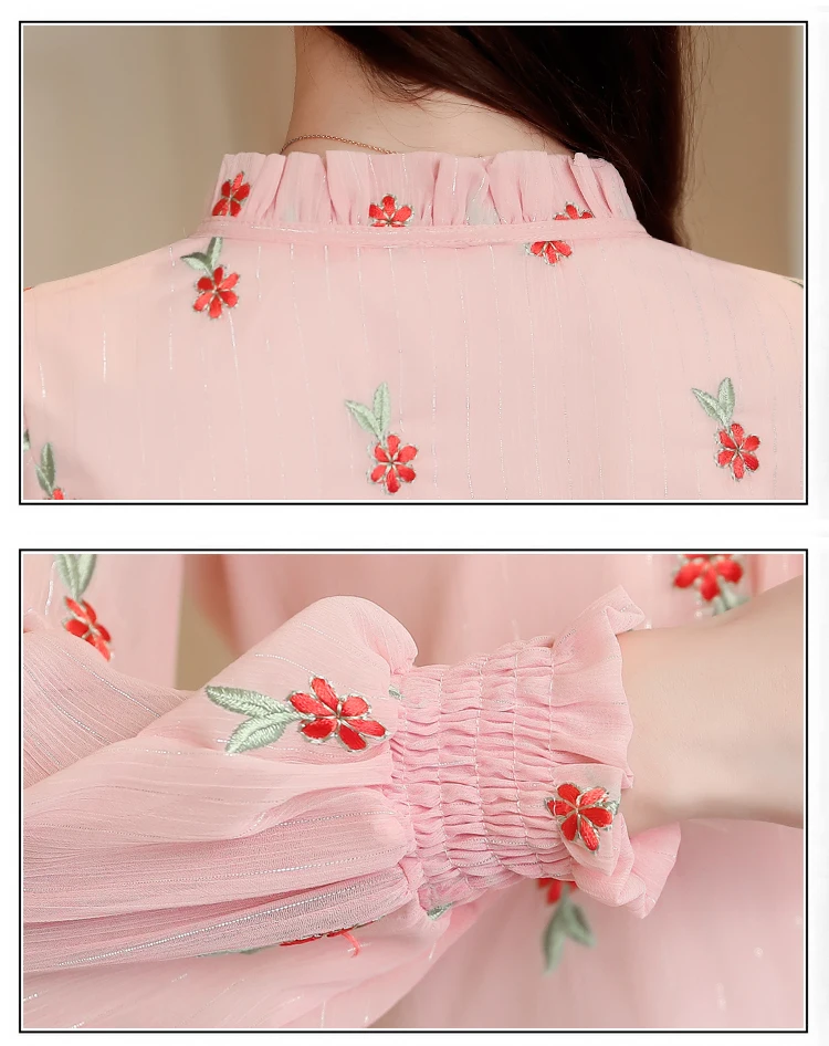 sweet floral embroidery chiffon blouse shirt fashion woman blouses 2019 long sleeve solid white pink top femlae blusa 0967 40 |
