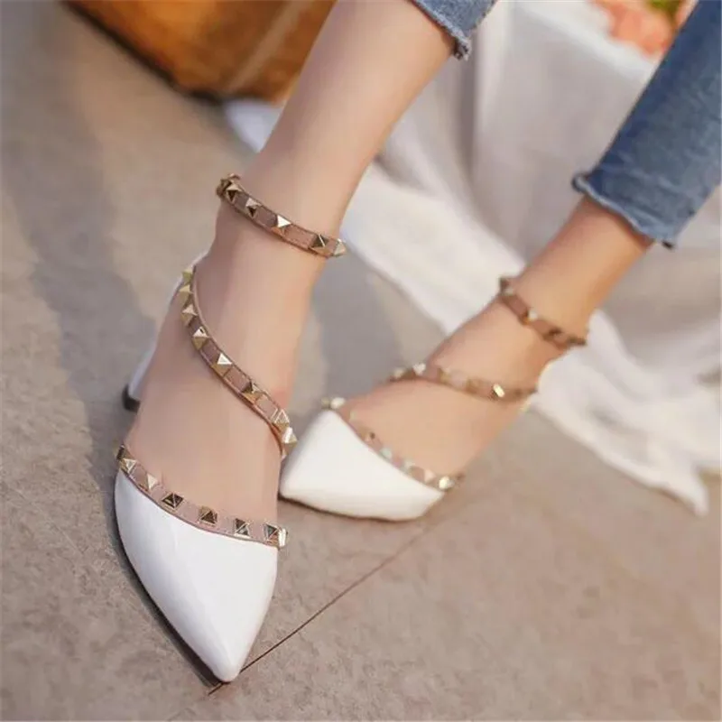 Женская обувь на квадратном каблуке с заклепками лето 2018|rivet high heels|shoes officebrand women
