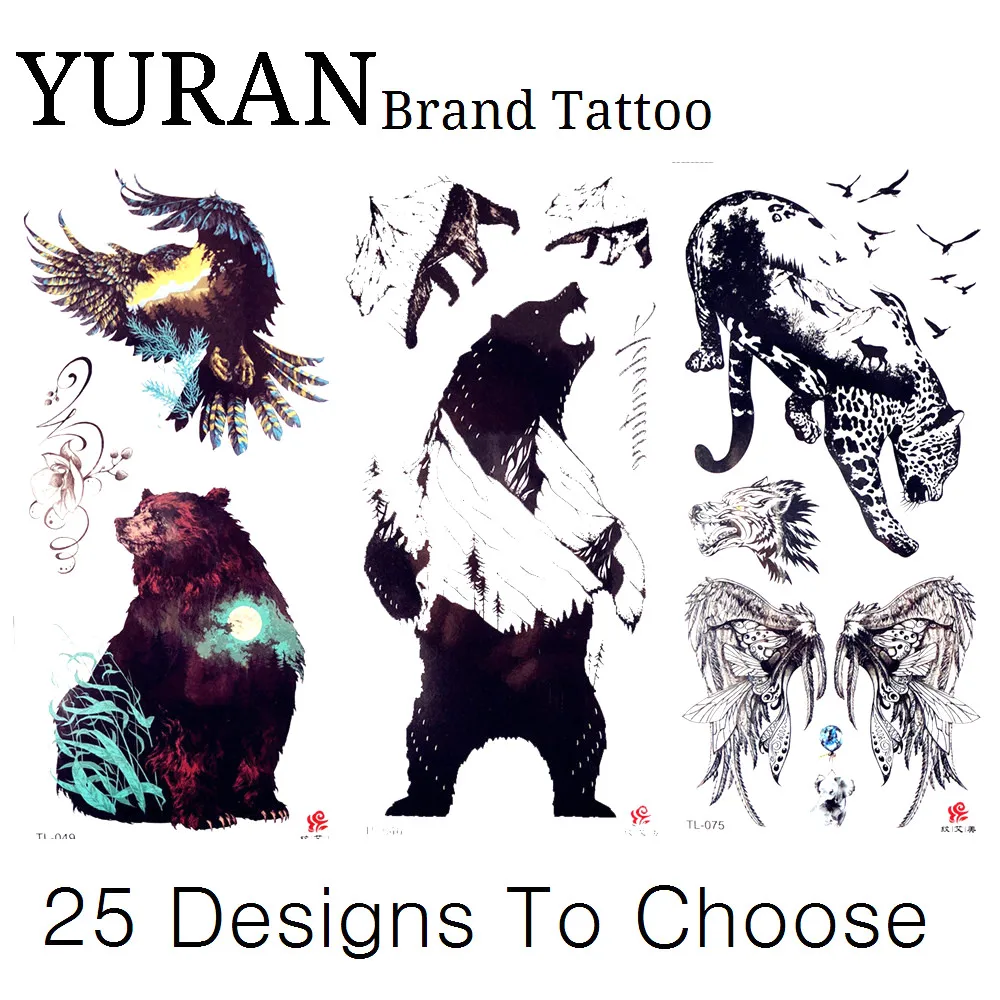 

Forest Mountain Temporary Tattoo Sticker Polar Black Bear Eagle Cheetah Makeup Fake Wateproof Tatoo Men Women Colorful Tattoos