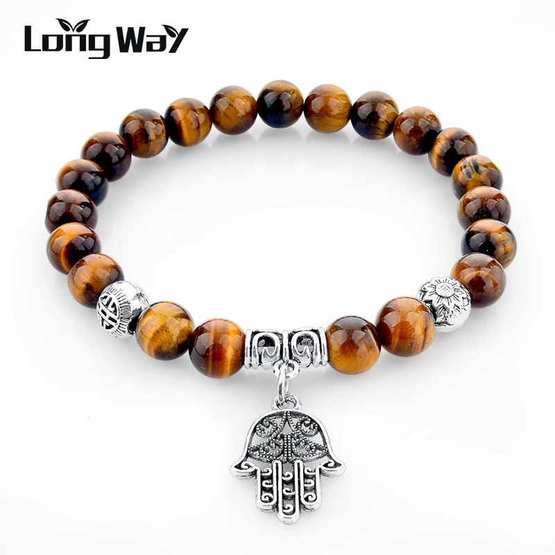 

LongWay New Tiger Eye Natural Stone Hand Pendant Bracelets Bangles Silver Color Bracelets For Women and Men Jewelry SBR150231