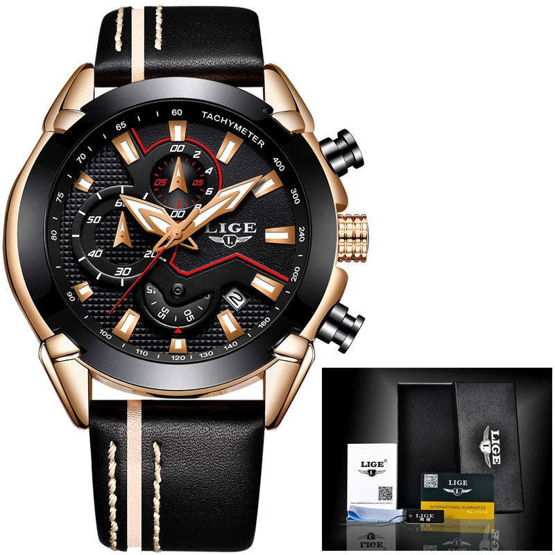 

LIGE Business Men Watch Top Brand Luxury Leather Watch Men Waterproof Sports Quartz Chronograph Wristwatches Reloj Hombre 2021