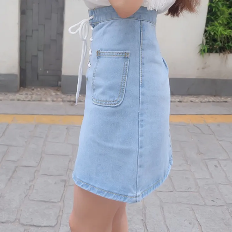 Plamtee двойной карман сплошной Цвет джинсовая юбка трапециевидной формы Jupe Taille Haute