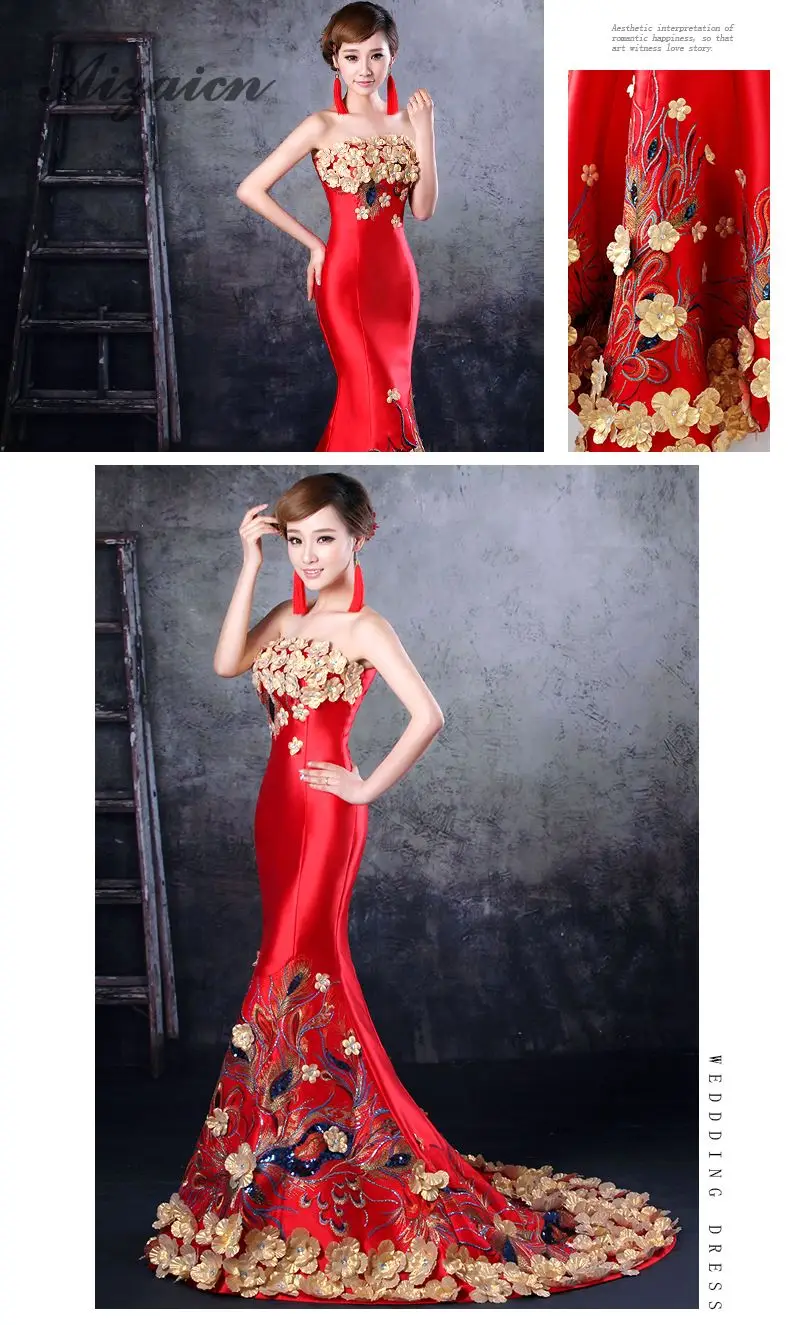 Красное традиционное китайское свадебное платье в стиле русалки Cheongsam, женское платье, элегантное вечернее платье в виде рыбьего хвоста, цветочное сексуальное платье без бретелек