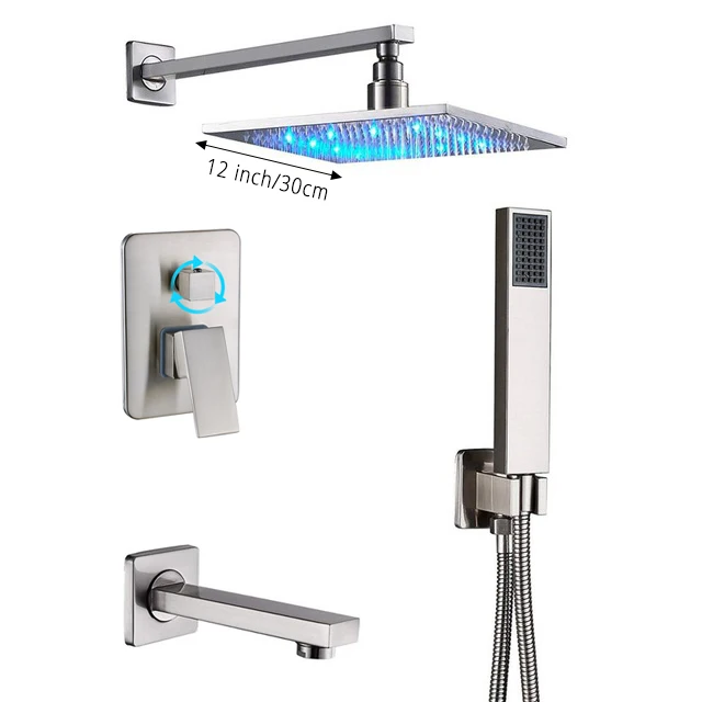 12 inch shower head Светодиодный светильник для ванной Душевой кран Набор 3-ways латунный встроенный блок управления клапан для ванны смеситель для душа кран дождевая латунная душевая головка - Цвет: 12 inch shower head
