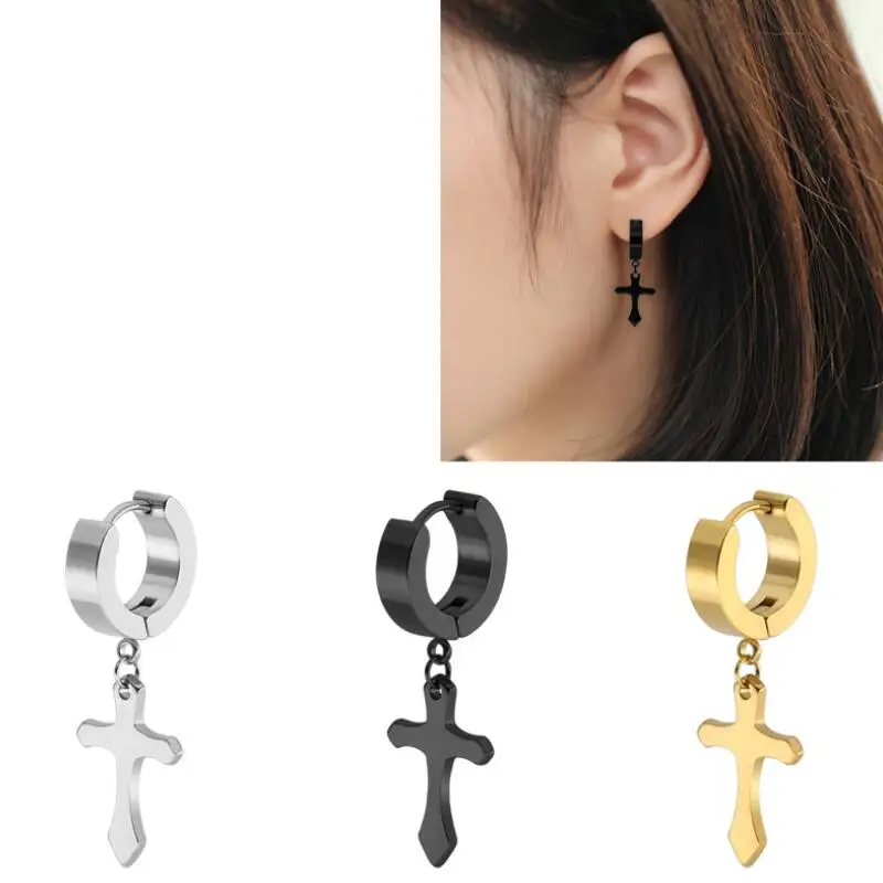 High Polish 24K Gold Cross Clip Hoop Huggie Earrings For Women |
