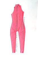 pink tight suit fetish womens latex jumpsuit sleeveless tight bodysuit with back zip decoration