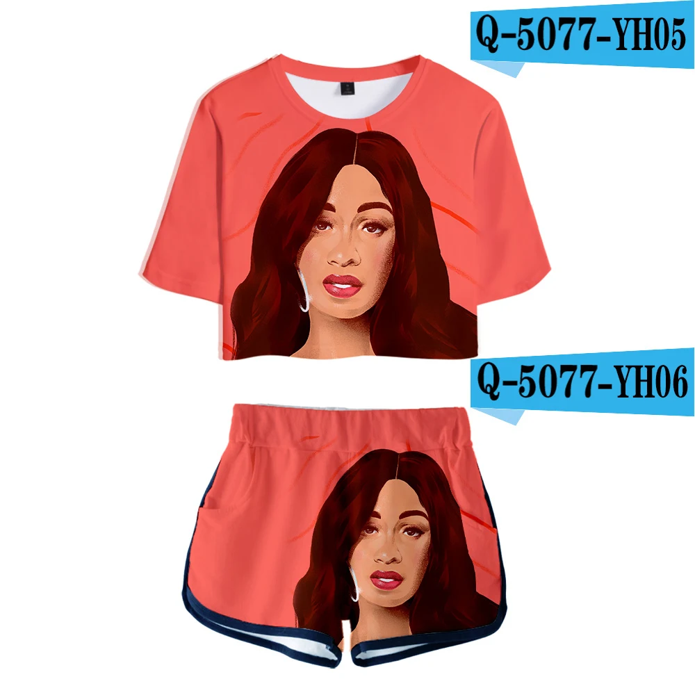 Q5077 Женская одежда, 2 предмета, женский розовый костюм Cardi B, футболка с 3D принтом, женский костюм, шорты, летний укороченный топ из 2 предметов, ансамбль женский - Цвет: Q5077