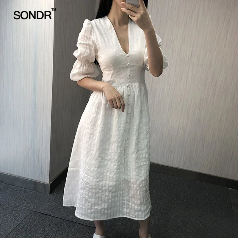 

SONDR Vintage design French elegance v-neck reveals a slim high-waisted bubble-sleeve dress for women 2019 summer fairy dress