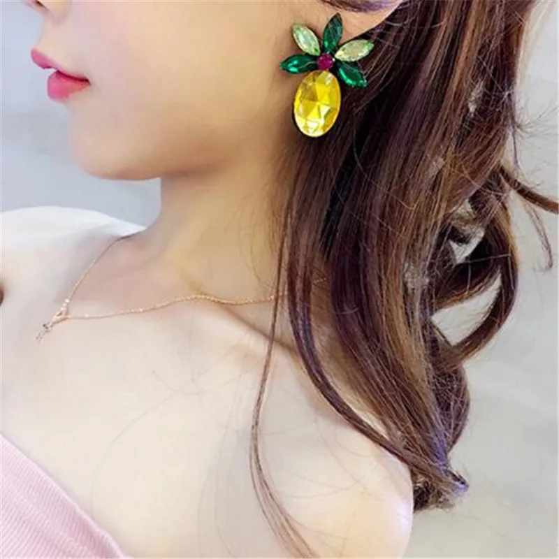 Ztech Exquisite Rhinestone Yellow Green Pineapple Stud Earrings For Women Unique Shining Crystal Fashion Jewelry Christmas Gifts|pineapple stud