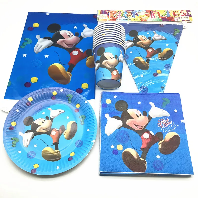 

Disney Mickey Mouse Theme Disposable Tableware 81Pcs kids Birthday Party Paper Cups +Plates+Napkins+Flags Sets Supplies