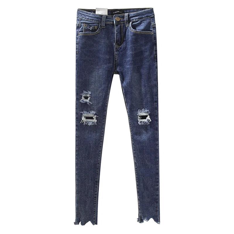 

New 2018 spring , jeans, medium waist, elastic, water washed, white, retro, blue, broken, little feet, .