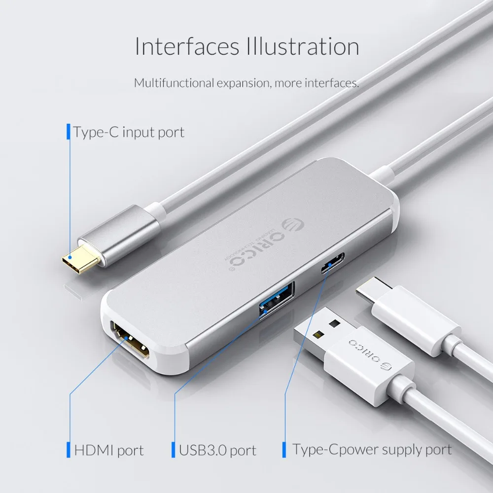 ORICO 3 в 1 USB-C концентратор тип-c к HDMI зарядное устройство адаптер 4 к HD USB3.0 сплиттер конвертер для MacBook samsung Galaxy huawei mate P20